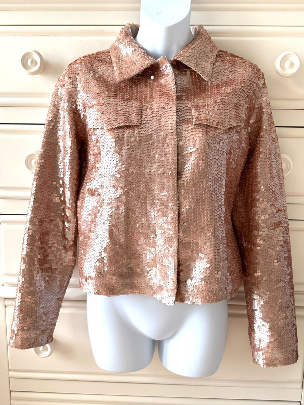 Italian Parosh Sequin Button-Front Jacket in Rose Gold